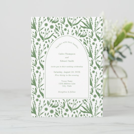 Klassieke Elegante Botanicals in Sage Groene Bruil Kaart (Staand voorkant)