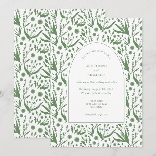 Klassieke Elegante Botanicals in Sage Groene Bruil Kaart (Voorkant / Achterkant)