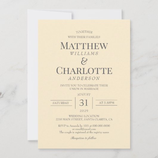 Klassieke Elegante Boter Gele Huwelijk Kaart (Voorkant)