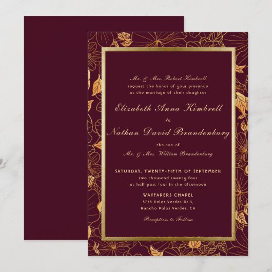 Klassieke Elegante Bourgogne en Gouden Bloemige Tr Kaart (Voorkant / Achterkant)