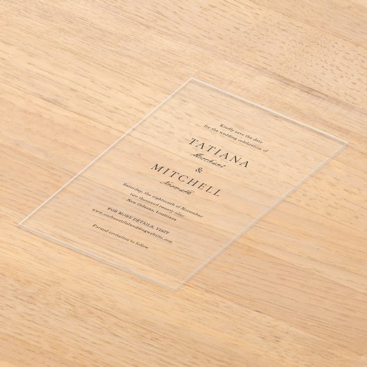 Klassieke Elegante Bruiloft Bewaar de Datum Acryl Uitnodigingen (Laagn)