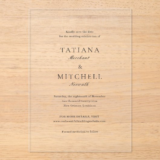 Klassieke Elegante Bruiloft Bewaar de Datum Acryl Uitnodigingen (Voorkant)