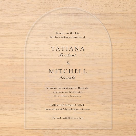 Klassieke Elegante Bruiloft Bewaar de Datum Acryl Uitnodigingen (Voorkant)