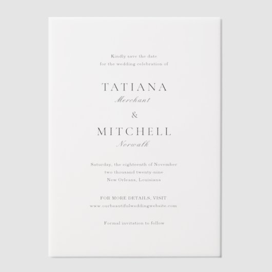 Klassieke Elegante Bruiloft Bewaar de Datum Vellum Uitnodigingen (Voorkant)