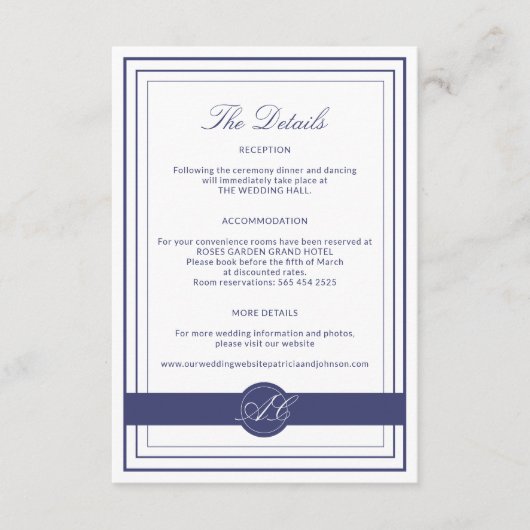 Klassieke elegante bruiloft details gasten informa informatiekaartje (Voorkant)