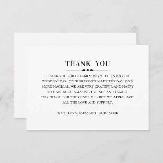 Klassieke elegante bruiloft. Eenvoudig zwart-wit Bedankkaart (Voorkant / Achterkant)