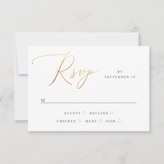 Klassieke elegante bruiloft | formeel goudscript RSVP kaartje (Voorkant)