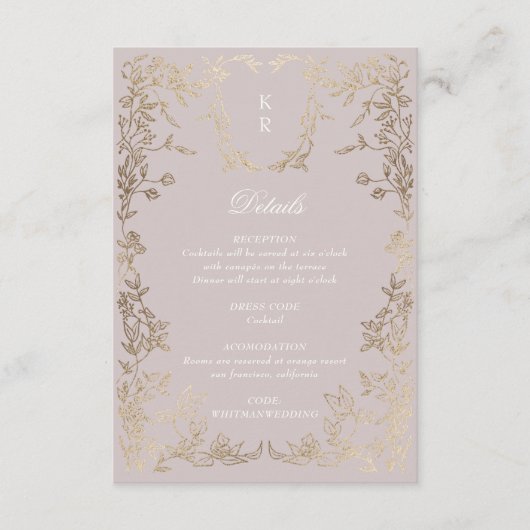 Klassieke Elegante Crest Monogram Huwelijksrecepti Informatiekaartje (Voorkant)