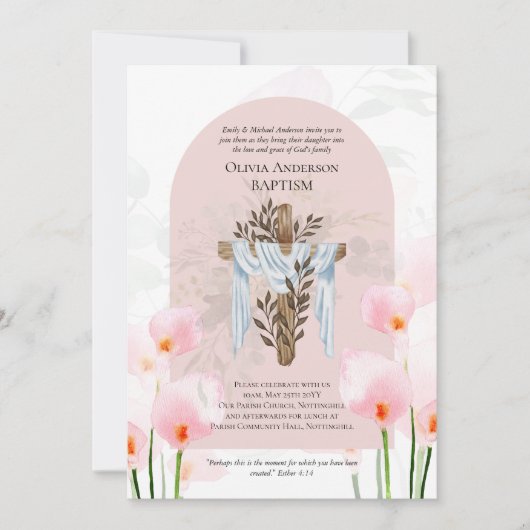 Klassieke Elegante DOOP Uitnodiging Roze Calla Lel (Voorkant)