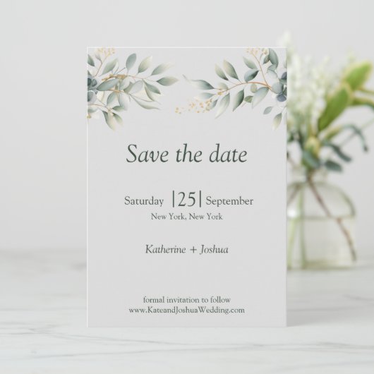 Klassieke Elegante Eucalyptus Bruiloft Save The Date (Staand voorkant)