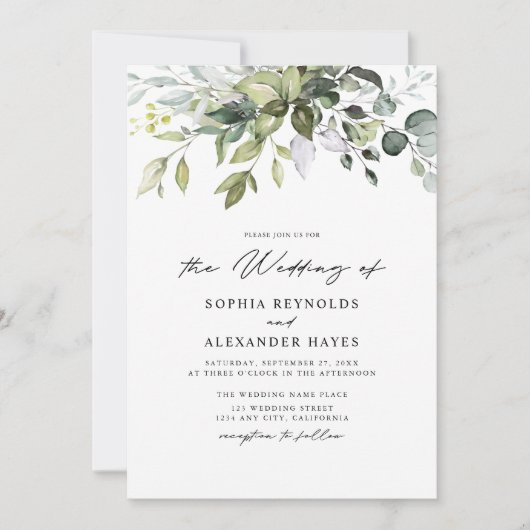 Klassieke Elegante Eucalyptusbladeren & Script Tro Kaart (Voorkant)