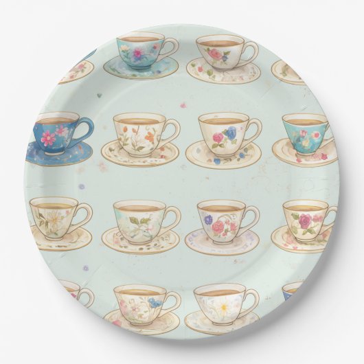 Klassieke Elegante Floral Teacups Papieren Bordje (Voorkant)
