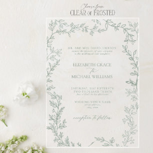 Klassieke elegante formale sage Green Leafy Weddin Acryl Uitnodigingen