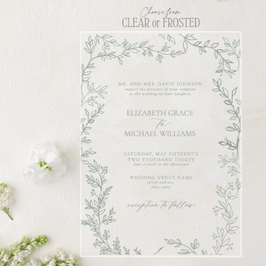 Klassieke elegante formale sage Green Leafy Weddin Acryl Uitnodigingen