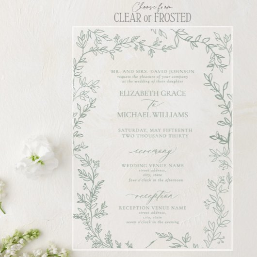 Klassieke elegante formale sage Green Leafy Weddin Acryl Uitnodigingen