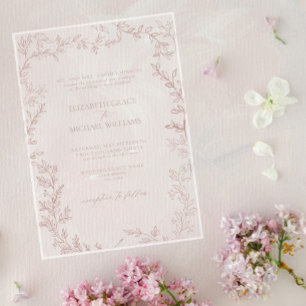 Klassieke Elegante Formele Stof Rose Bladerige Tro Acryl Uitnodigingen