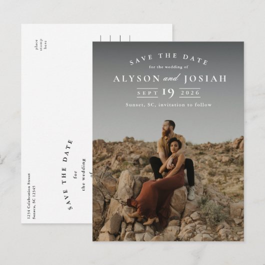 Klassieke elegante foto's die de datum opslaan aankondigingskaart (Voorkant / Achterkant)