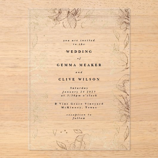 Klassieke Elegante Gouden Botanische Huwelijk Acryl Uitnodigingen (Voorkant)