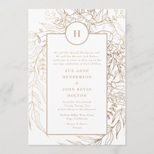 Klassieke Elegante Gouden Monogram Krans Bruiloft Kaart (Voorkant)