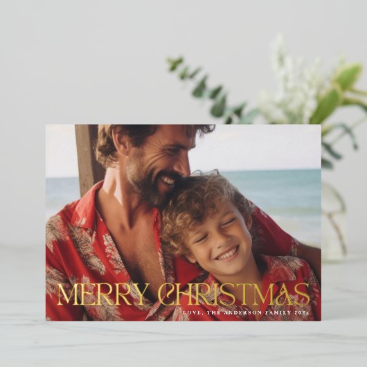 Klassieke Elegante Gouden Vrolijke Kerstfoto Folie Feestdagenkaart (Staand Voorkant)