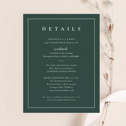 Klassieke Elegante Groene Huwelijksdetails Informatiekaartje