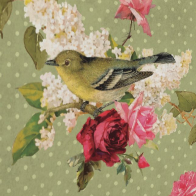 Klassieke Elegante Groene Polka Dot Vogel op Bloem Behang (Zoom)