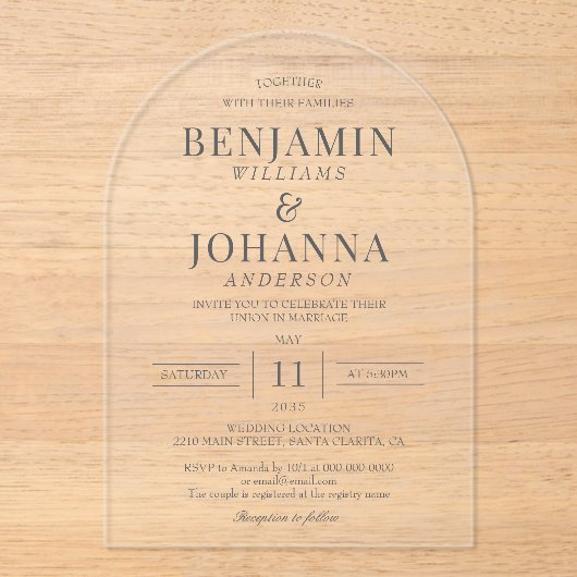 Klassieke Elegante Heldere Trouwboog Acryl Uitnodigingen (Voorkant)