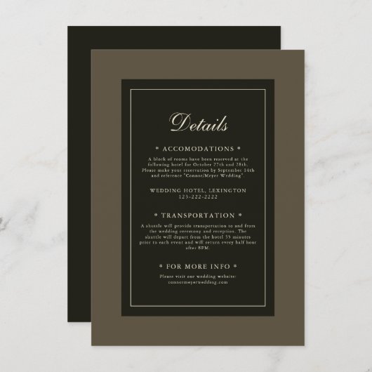 Klassieke Elegante Herfst Bruine Trouwdetails Informatiekaartje (Voorkant / Achterkant)