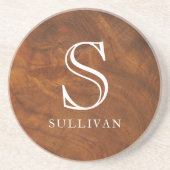 Klassieke Elegante Houtkorrel Monogram Naam Zandsteen Onderzetter (Voorkant)