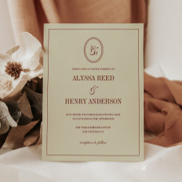 Klassieke Elegante Ivoor & Wijnrode Monogram Huwel Kaart