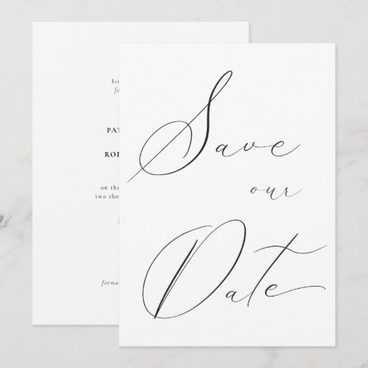 Klassieke elegante kalligrafie Black White Wedding Save The Date (Voorkant / Achterkant)