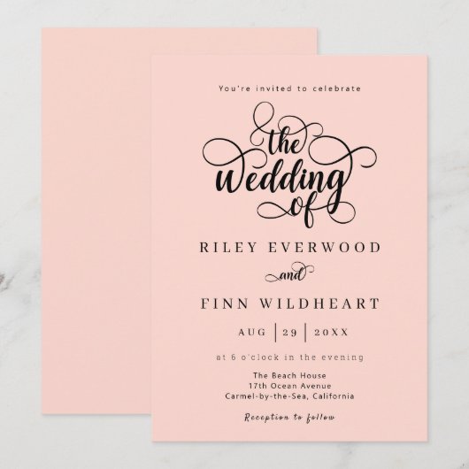 Klassieke Elegante Kalligrafie Bruiloft Uitnodigin Kaart (Voorkant / Achterkant)