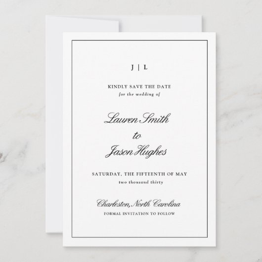 Klassieke Elegante Kalligrafie Monogram Bruiloft Save The Date (Voorkant)