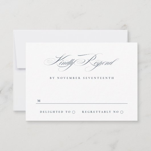 Klassieke Elegante Kalligrafie Navy Blue Wedding RSVP Kaartje (Voorkant)