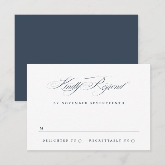 Klassieke Elegante Kalligrafie Navy Blue Wedding RSVP Kaartje (Voorkant / Achterkant)