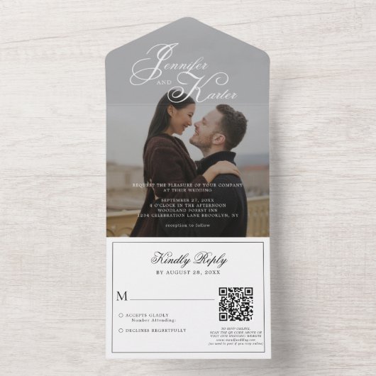 Klassieke Elegante Kalligrafie QR Code Foto Bruilo All In One Uitnodiging (Binnen)