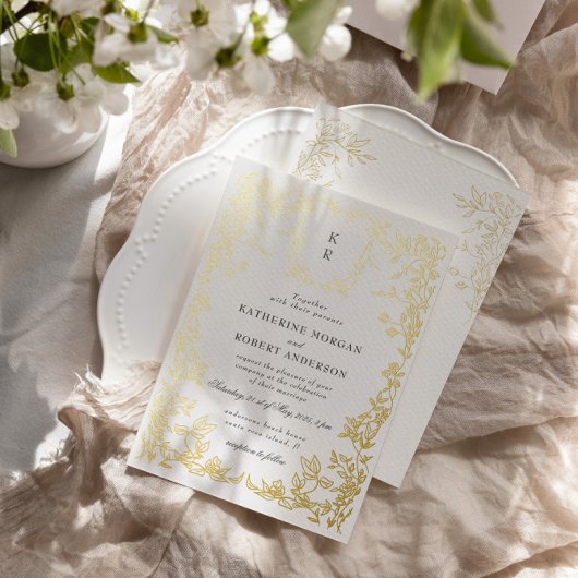 Klassieke Elegante Kam Monogram Bruiloft Folie Uitnodiging