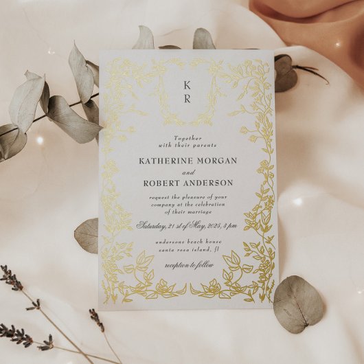 Klassieke Elegante Kam Monogram Bruiloft Folie Uitnodiging