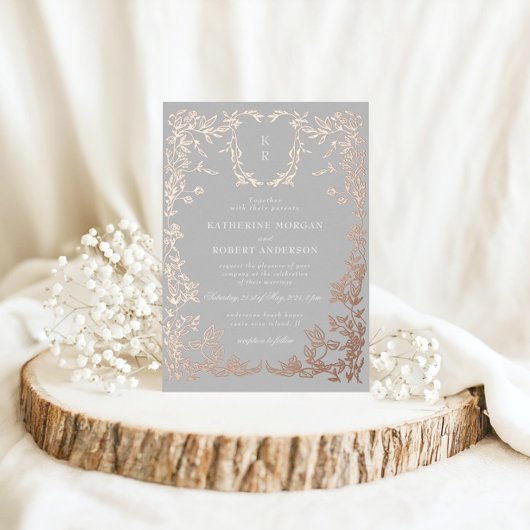 Klassieke Elegante Kam Monogram Bruiloft Folie Uitnodiging