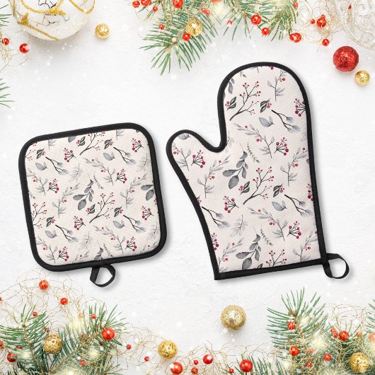 Klassieke Elegante Kerstbladeren en Bessen Ovenwant & Pannenlap Set