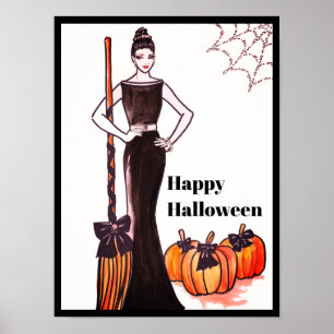 Klassieke Elegante Lange Zwarte Halloween Jurk Poster