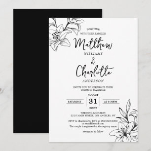 Klassieke Elegante Lelie Bloemen Zwart & Wit Trouw Kaart