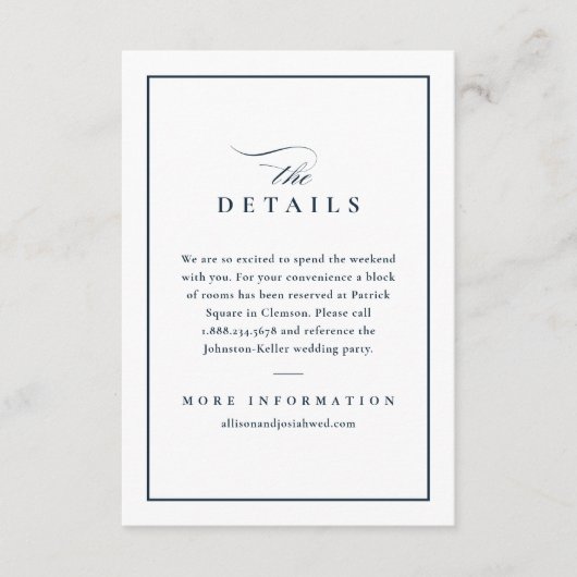 Klassieke Elegante Marine Blauwe Bruiloft Details Informatiekaartje (Voorkant)