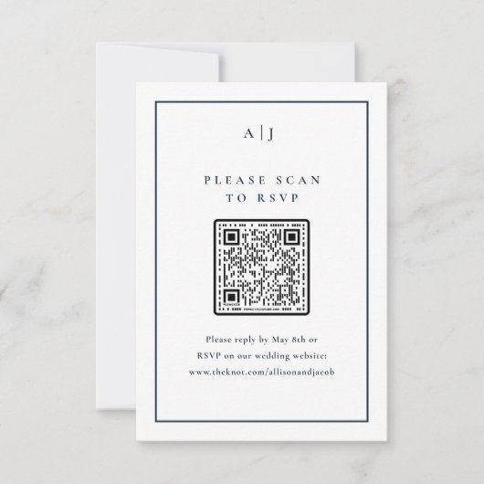 Klassieke Elegante Marine Blauwe Huwelijk QR Code RSVP Kaartje (Voorkant)
