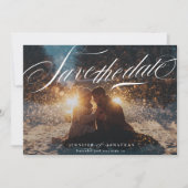 Klassieke Elegante Marine Kalligrafie QR Code Foto Save The Date (Voorkant)