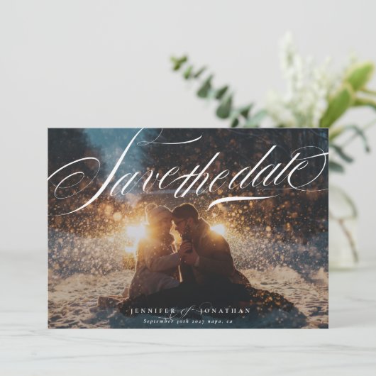 Klassieke Elegante Marine Kalligrafie QR Code Foto Save The Date (Staand voorkant)