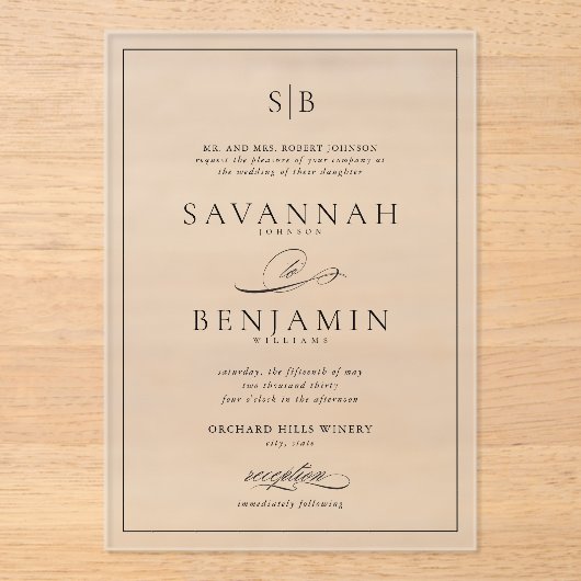 Klassieke Elegante Moderne Monogram Script Trouwen Acryl Uitnodigingen (Voorkant)