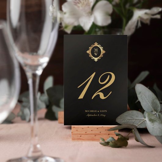 Klassieke Elegante Monogram Huwelijk Zwart Goud Kaart