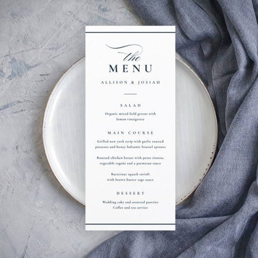 Klassieke Elegante Navy Blauw en Wit Bruiloft Menu