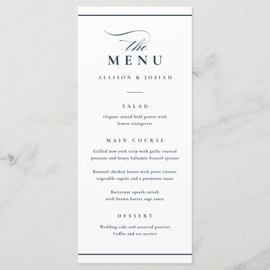 Klassieke Elegante Navy Blauw en Wit Bruiloft Menu (Voorkant)